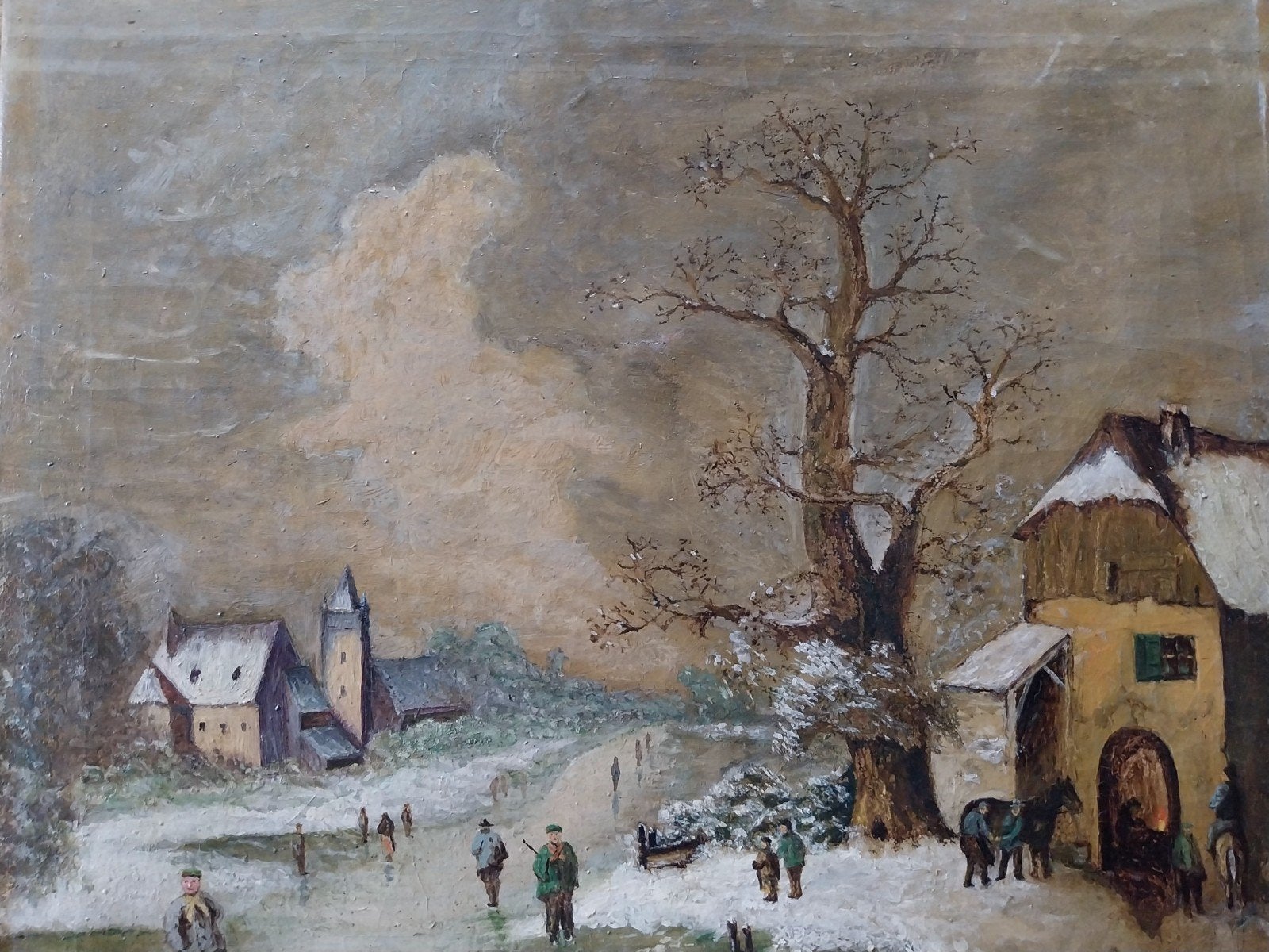 Olieverfschilderij Winterlandschap met figuren 1926., Ophalen of Verzenden