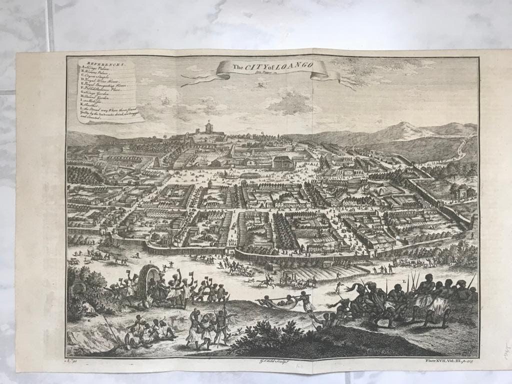 The city of Loango, or. antieke gravure 1755, afm. 33x24cm., Origineel, 33 cm, Stadsgezicht, Ophalen of Verzenden