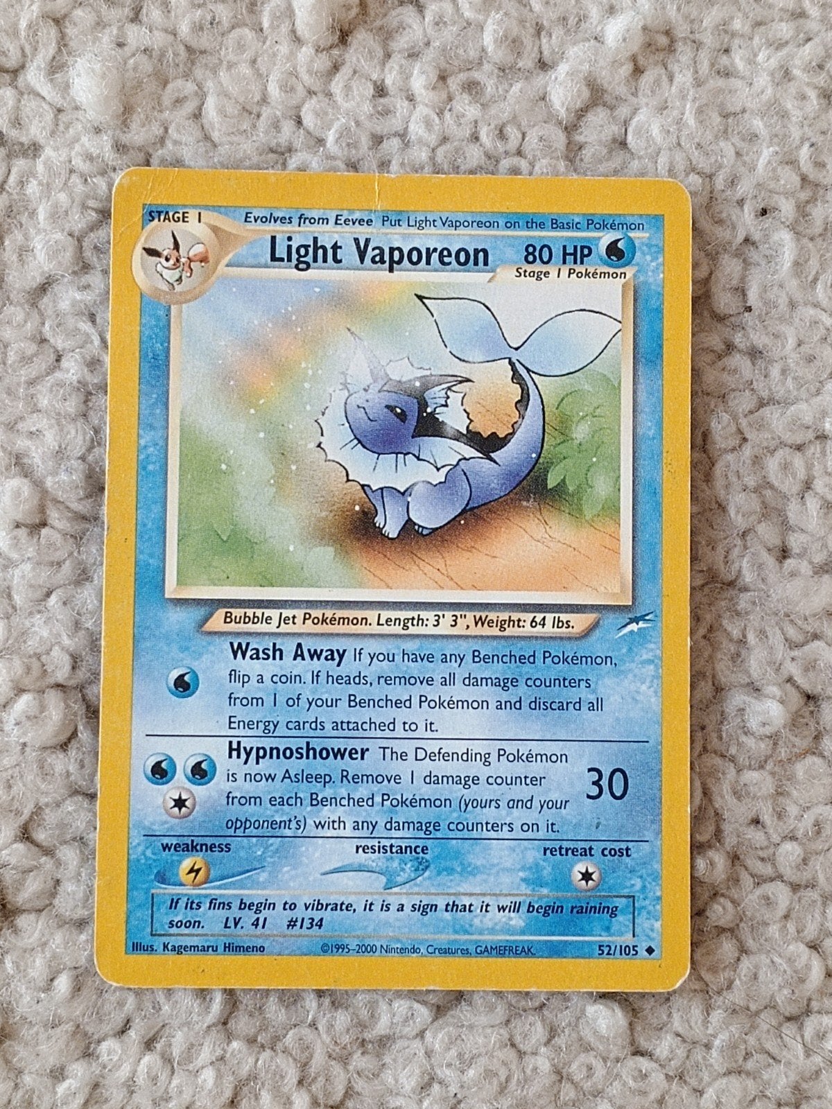 Light vaporeon oude zeldzame pokemon kaart 52/105, Ophalen of Verzenden, Zo goed als nieuw, Losse kaart