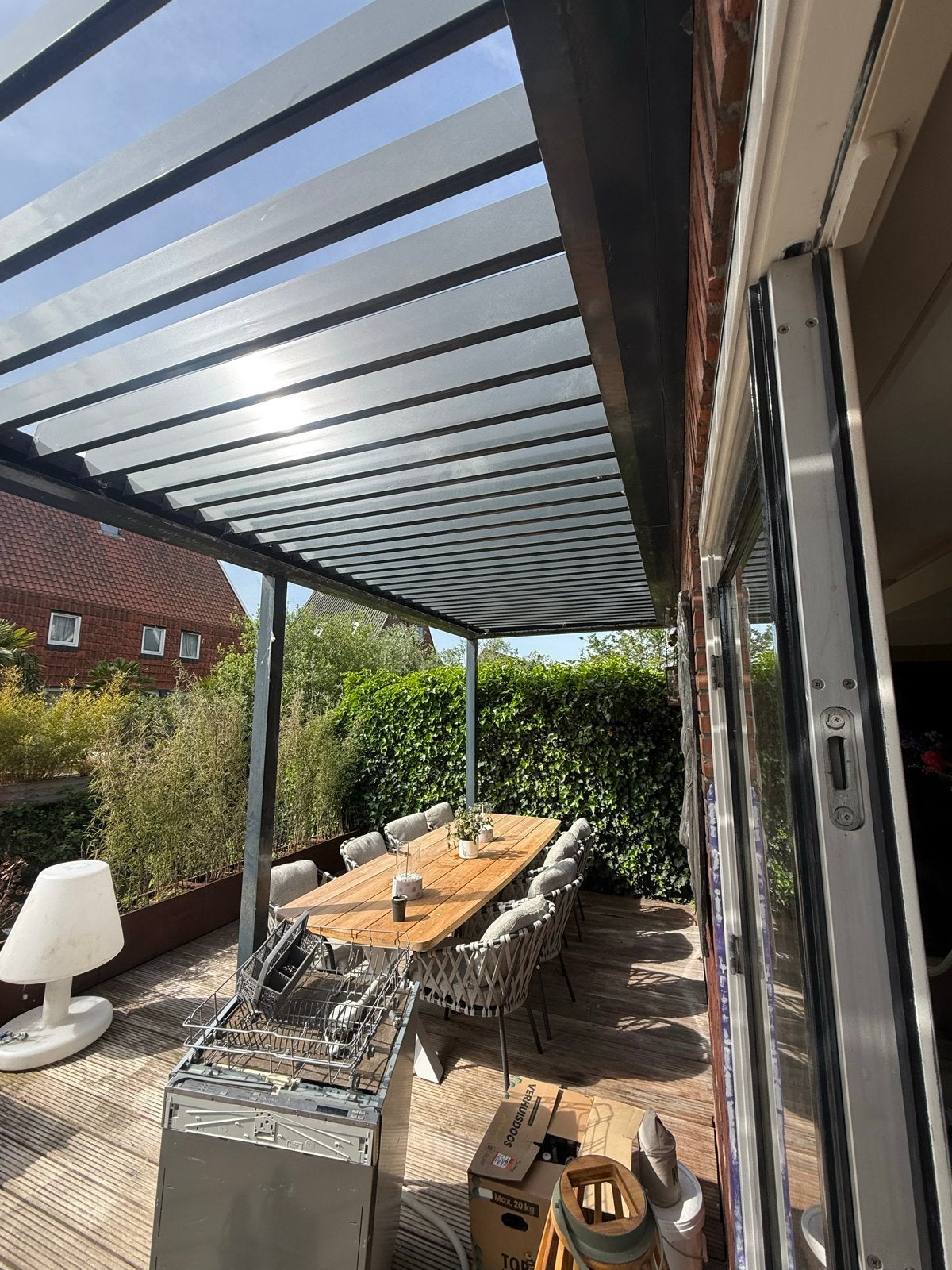 Louverdak 2.25x6.25m elektrisch bedienbaar antraciet, Ophalen of Verzenden, Zo goed als nieuw, Veranda
