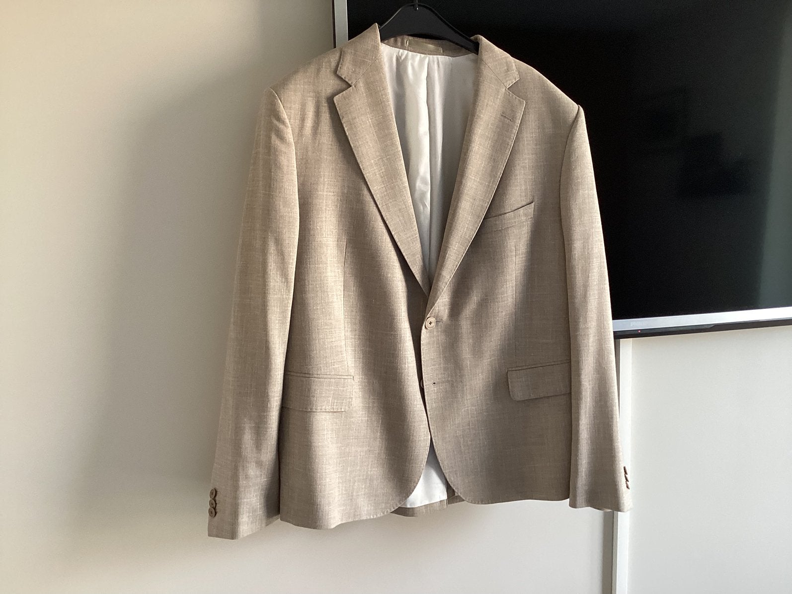 Beige colbert linnen met zijde maat 54/56, Ophalen, Zo goed als nieuw, Maat 52/54 (L), Beige