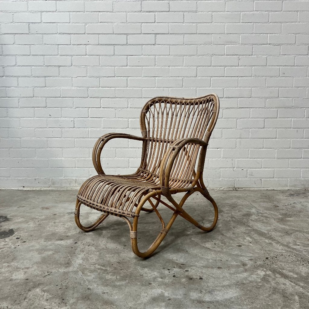 Vintage design Rotan stoel fauteuil Rohe Noordwolde, Huis en Inrichting, Ophalen, Gebruikt, Bruin, Vijf, Zes of meer stoelen