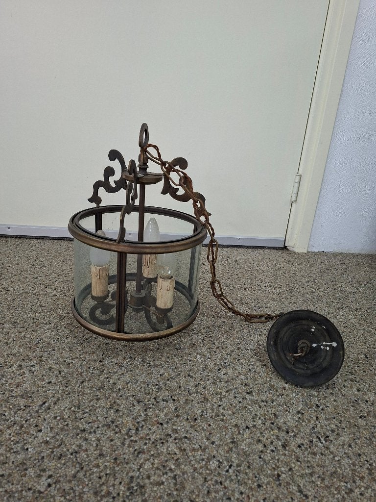 Vintage Messing Hanglamp met Glas - Klassiek Design, Antiek en Kunst, Antiek | Lampen, Ophalen