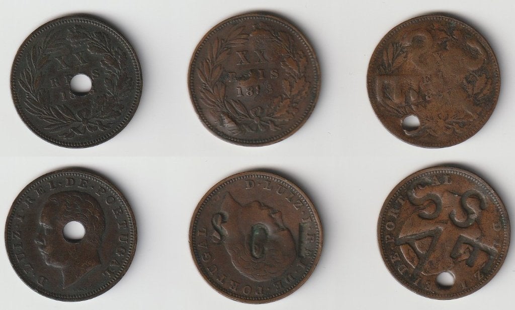 Bijzonder lot met drie bewerkte 20 reis munten Portugal, Verzenden, Overige landen, Setje
