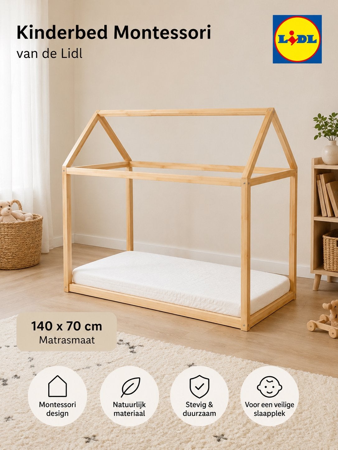 2x Kinderbed Montessori Huisbed 140x70 cm (Lidl), Ophalen, Gebruikt, 190 cm of minder, Hout