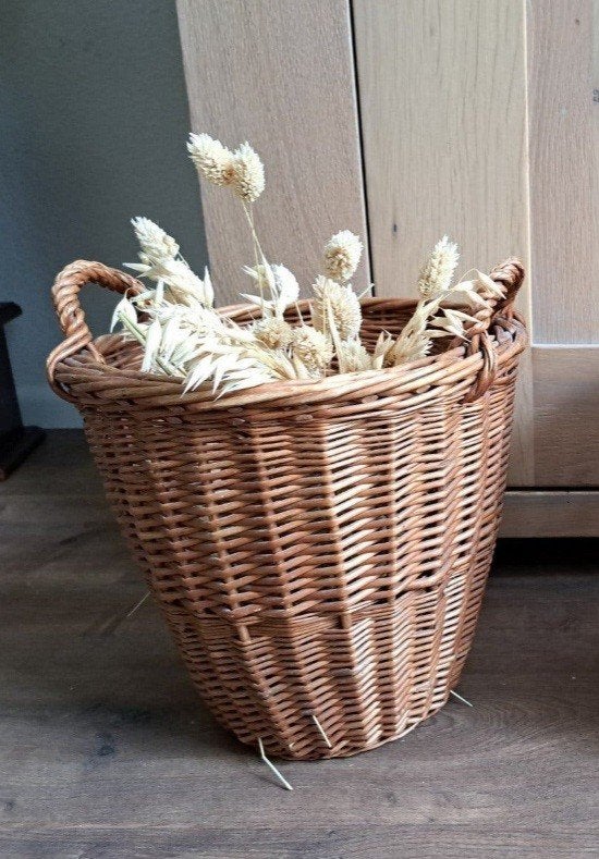 Brocante rieten mand 2 handvaten hoogte 25 cm, Gebruikt, Mand, Rond, Ophalen of Verzenden