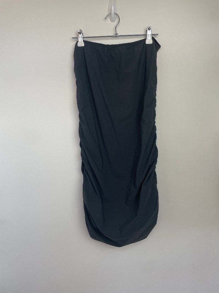 MOQ kokerrok plooien ruching grijs maat L midi travelstof, Maat 38/40 (M), MOQ shop, Info@moqshop.nl, Ophalen of Verzenden