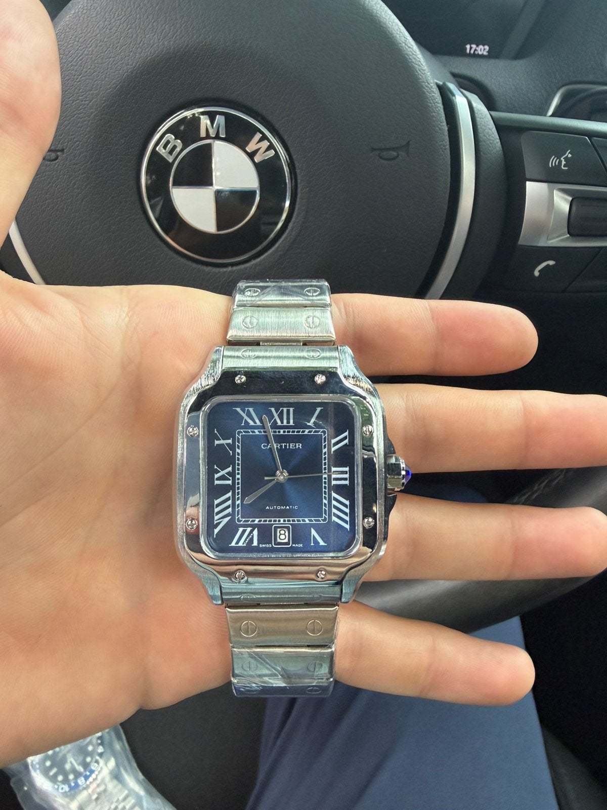 Cartier Santos - Blauw wijzerplaat 40mm - Mechanisch uurwerk, Ophalen of Verzenden, Zo goed als nieuw
