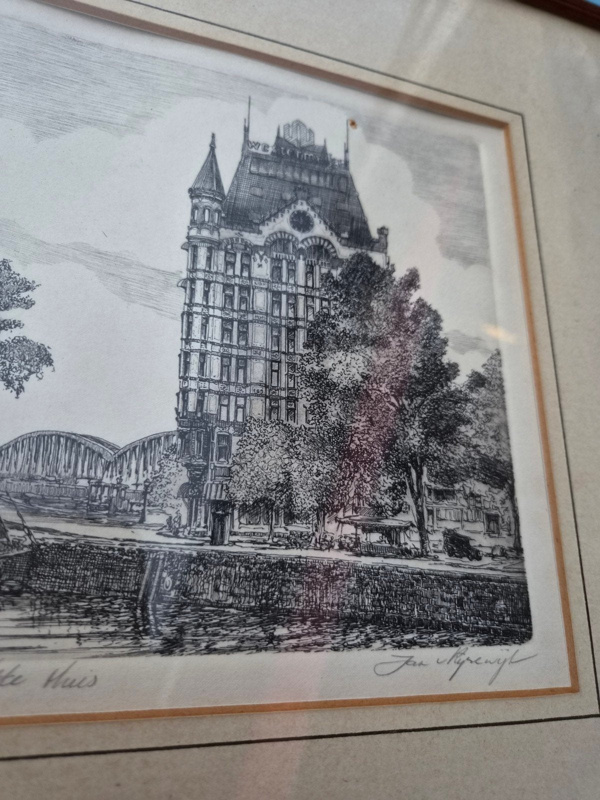 Handgesigneerde ets Witte Huis Rotterdam - Jan van Rijsewijk, Antiek en Kunst, Ophalen of Verzenden