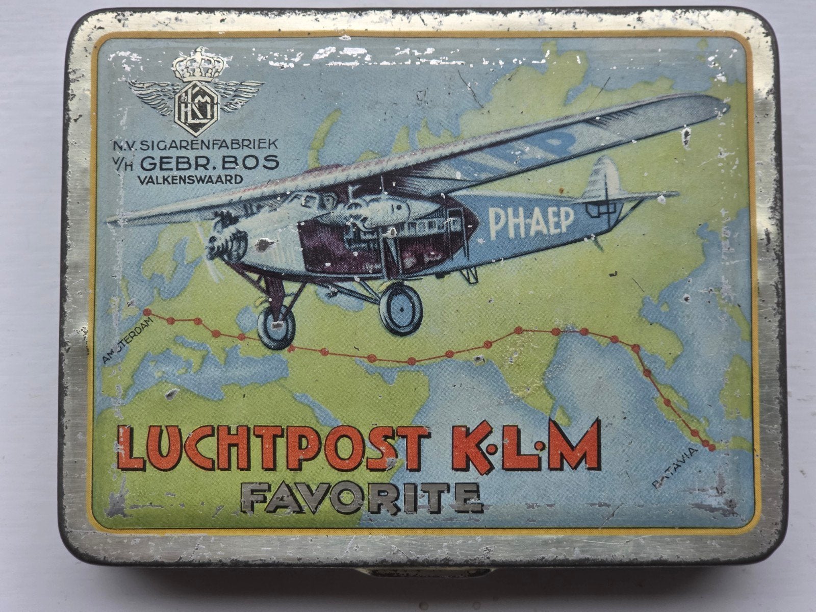 luchtpost K.L.M Favorite sigaren blik Gebr Bos Ridderkerk, Verzamelen, Ophalen of Verzenden, Gebruikt, Overige