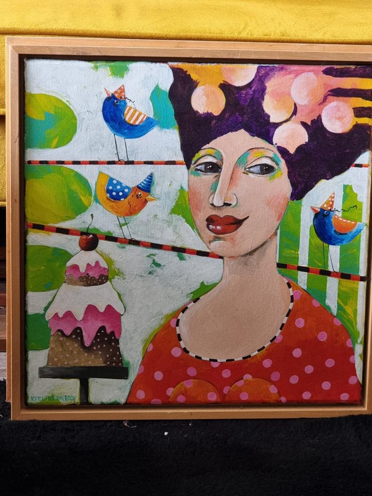 Vrolijk Schilderij met Vrouw, Vogels en Taart, Ophalen of Verzenden
