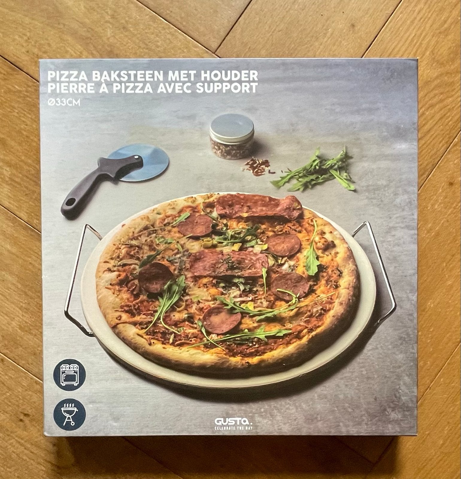 Nieuwe Gusto Pizzasteen met houder - Ø33cm, Overige typen, Nieuw, Gusta, Ophalen of Verzenden