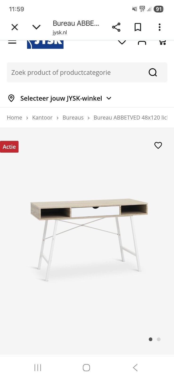Bureau van JYSK - ABBETVED 48x120, licht eiken/wit, Demontabel, Scandinavisch, Spaanplaat of MDF, Ophalen of Verzenden