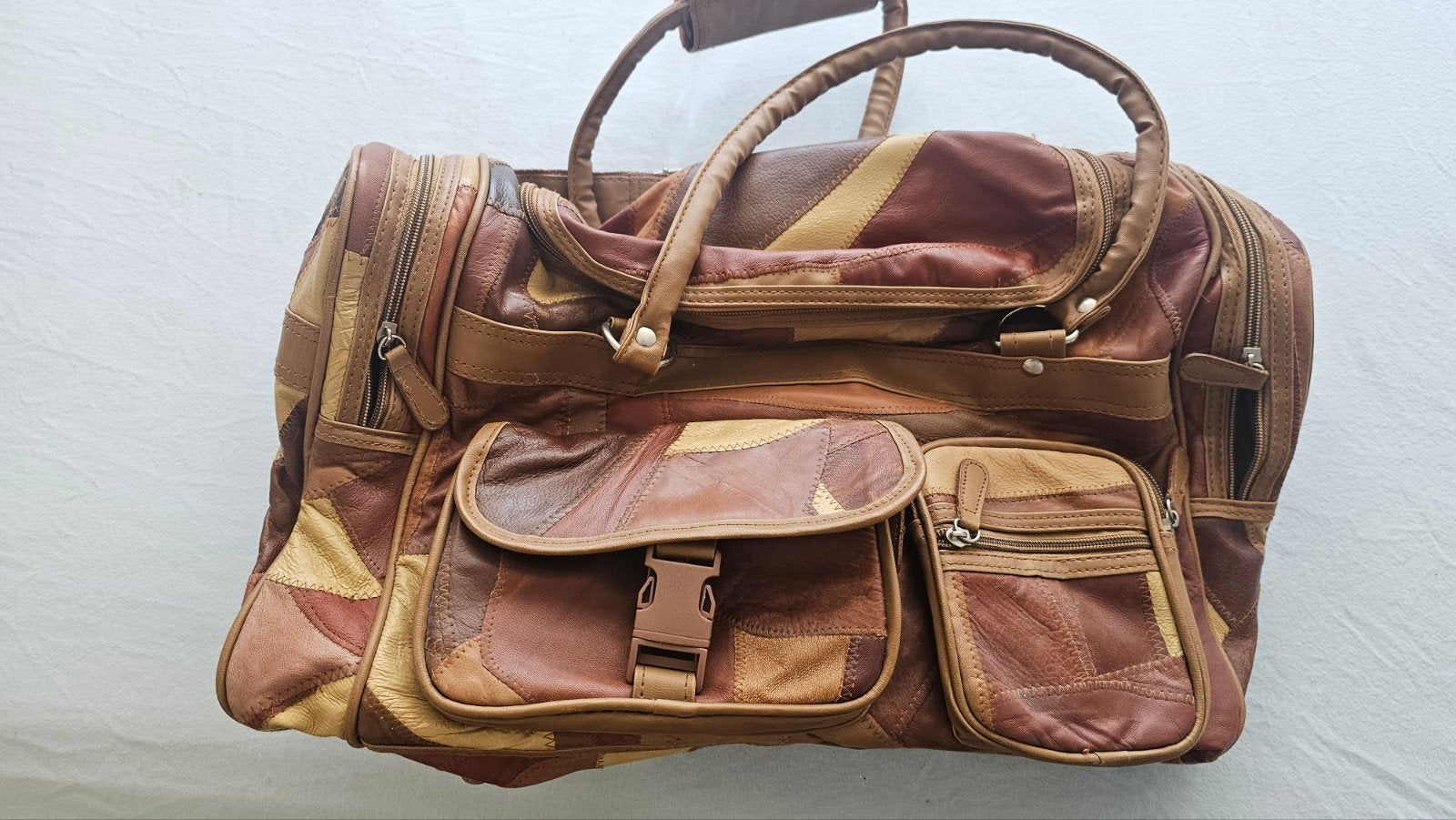 Vintage Leren Reistas / Weekendtas - Patchwork Design, 40 tot 60 cm, 20 tot 30 cm, Bruin, Minder dan 35 cm