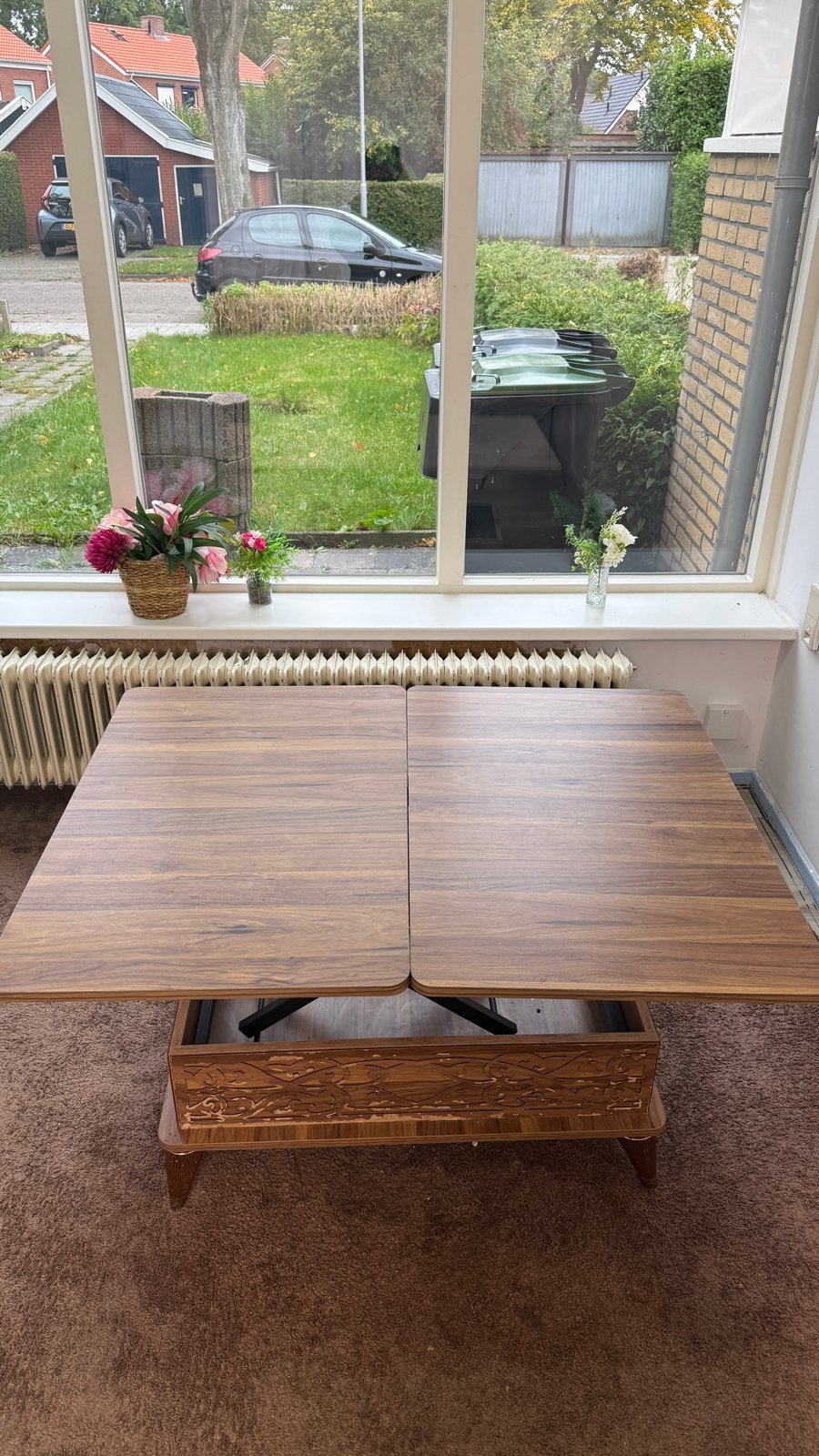 Uitschuifbare salontafel met houtsnijwerk, 50 – 75, Gebruikt, 100 tot 150 cm, Rechthoekig