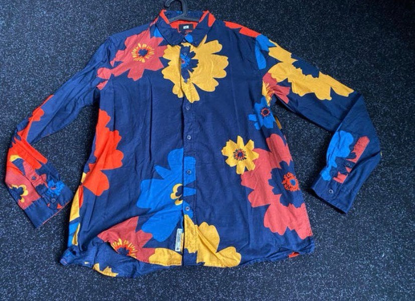 Overhemd bloemen. Maat XL, Verzenden, Zo goed als nieuw, Blauw, Halswijdte 43/44 (XL)