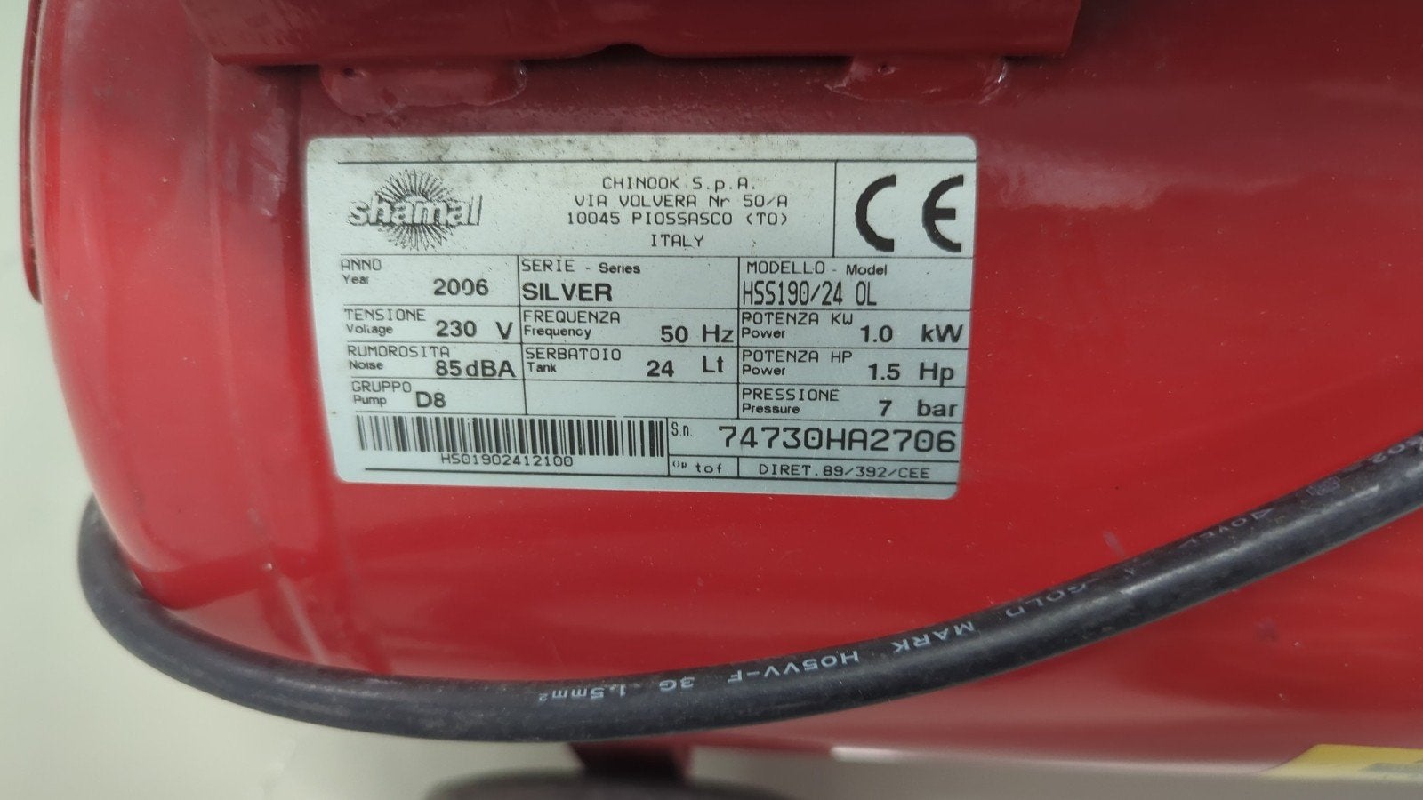 Shamal HSS190/24 OL Compressor - 24L, 7 bar, 1.0 kW, Doe-het-zelf en Verbouw, Compressors, Ophalen, Zo goed als nieuw