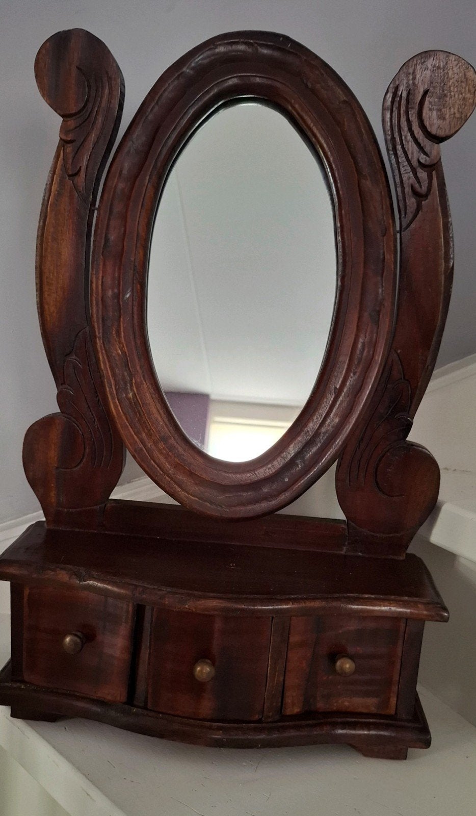 Vintage houten ovale kantelspiegel met lades - ovaal, Ophalen, Minder dan 50 cm, Gebruikt, Minder dan 100 cm