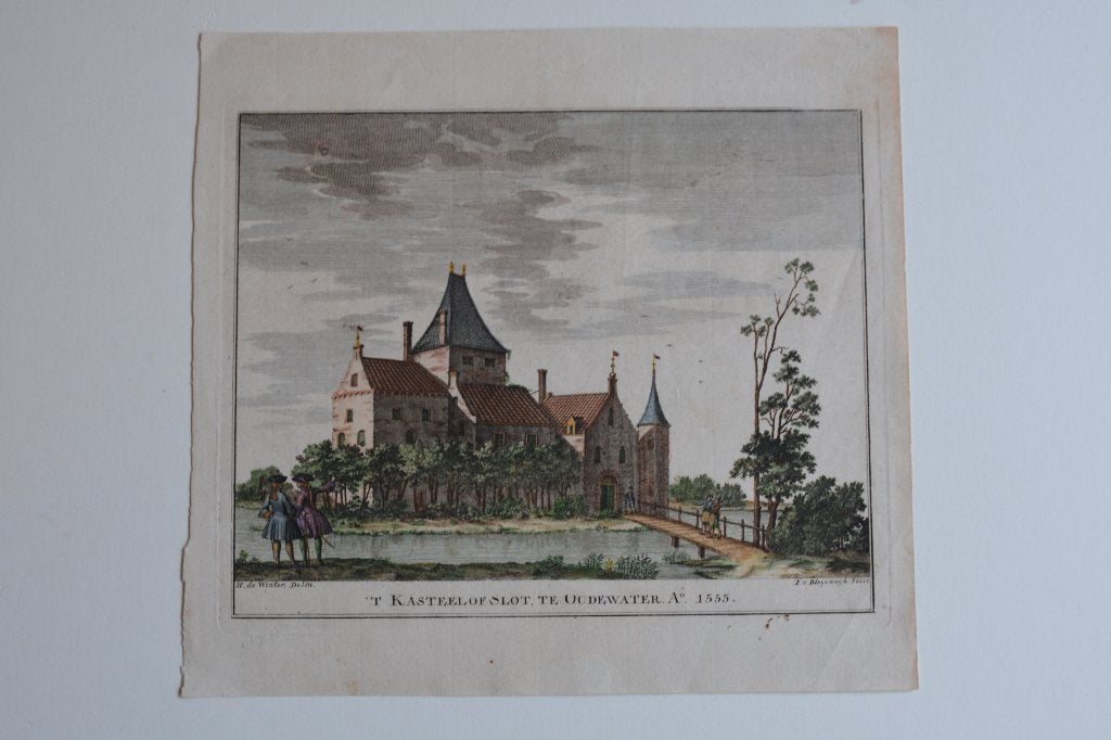 OUDEWATER KASTEEL SLOT BOITET KINSCHOT KOPERGRAVURE GT6, Gesigneerd, Verzenden, Stadsgezicht, Gravure
