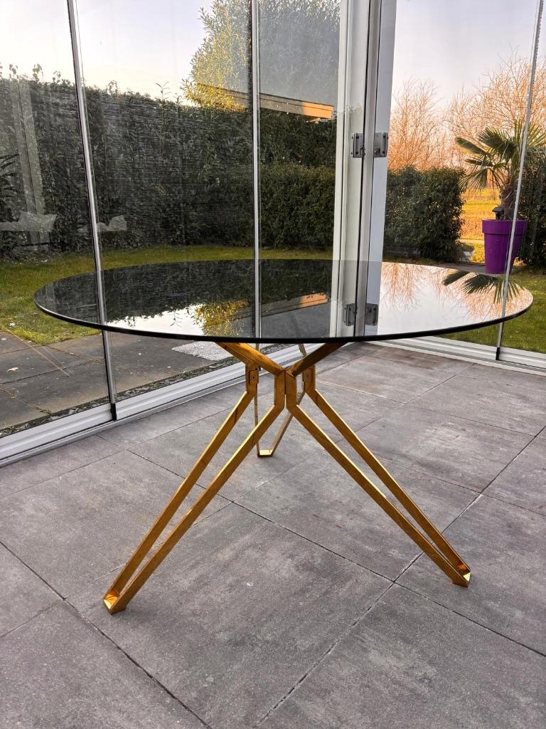 Pols Potten Glazen eettafel met gouden onderstel en stoelen, Huis en Inrichting, Ophalen, Gebruikt, 100 tot 150 cm, Rond