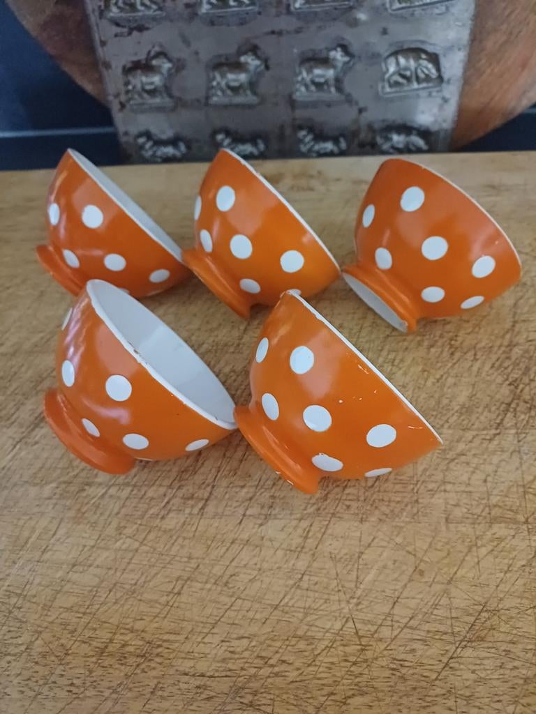 Brocante Spoelkommetjes van NIMY oranje met witte polkadots, Antiek en Kunst, Verzenden