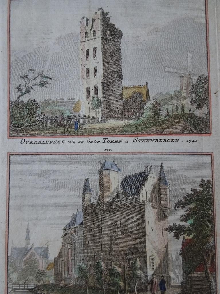 gravure kleur toren stadhuis kerk Steenbergen Spilman 1750, Verzenden, Stadsgezicht, Gravure, 1700 - 1799