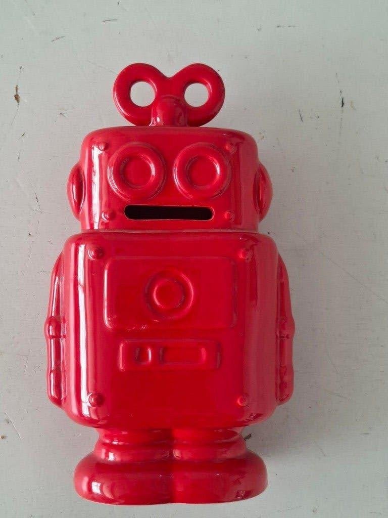retro design rode spaarpot robot keramiek jaren 90, Verzamelen, Ophalen of Verzenden, Zo goed als nieuw, Steen, Aardewerk of Keramiek
