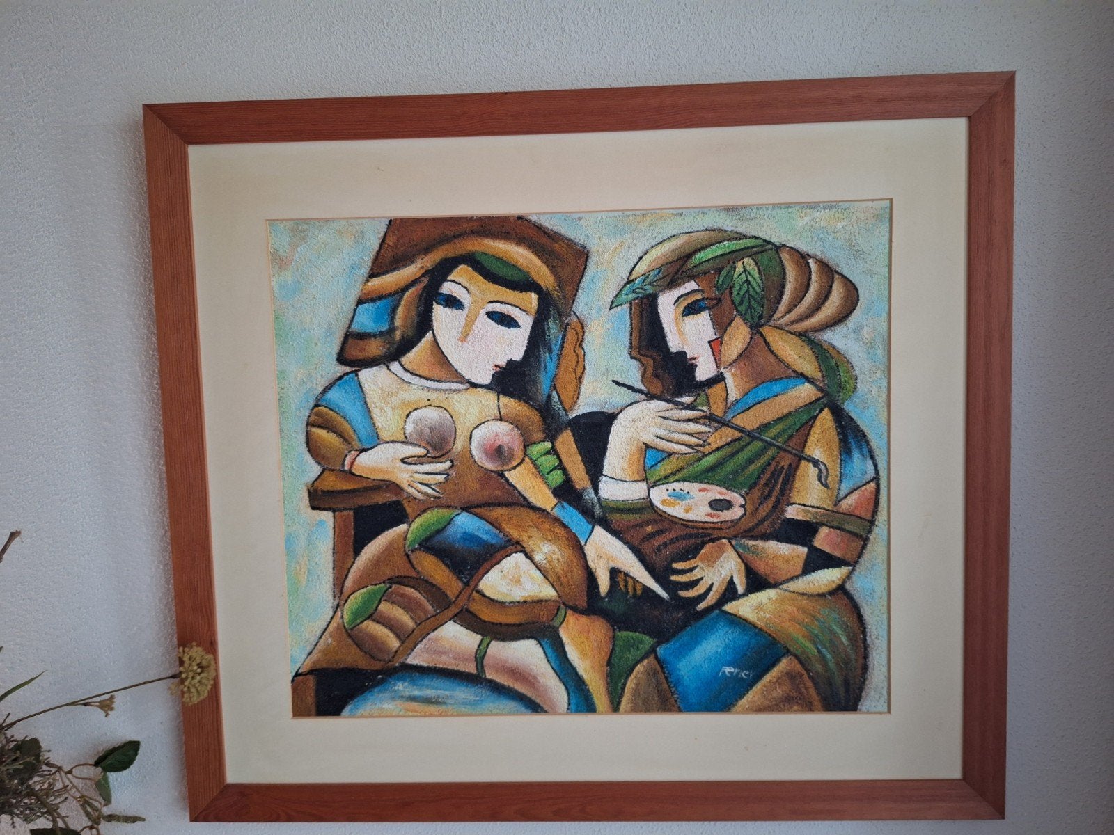 Kleurrijk ingelijst kunstwerk br 82cm en h 92 cm, Ophalen