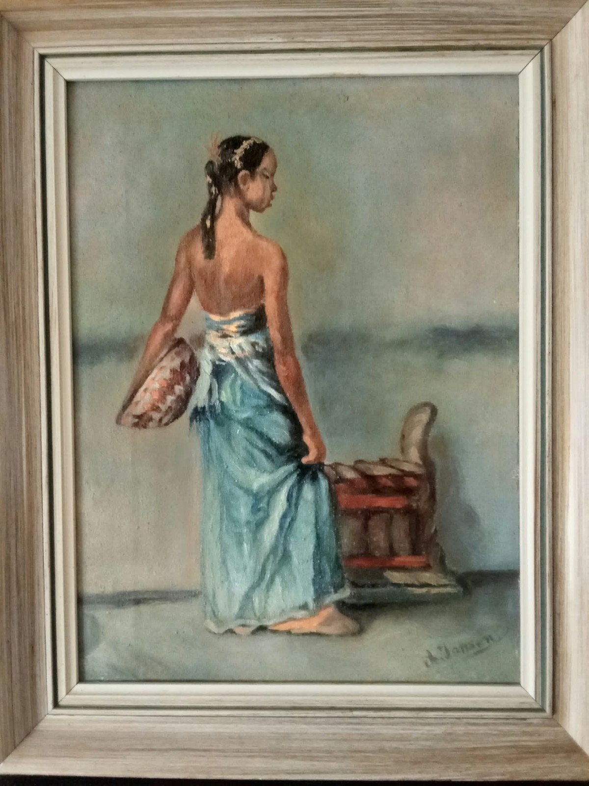 Schilderij Indonesische vrouw met mand, gesigneerd A. Jansen, Ophalen of Verzenden