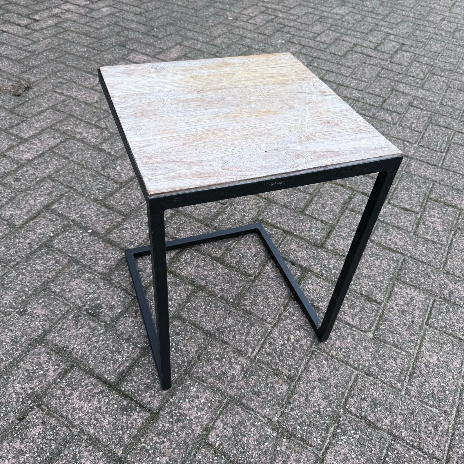 Bijzettafel met houten blad en metalen onderstel, Minder dan 55 cm, Gebruikt, Vierkant, Hout