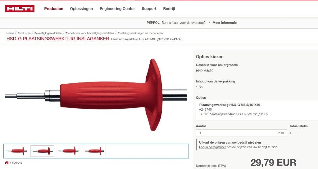 HILTI HSD G Plaatsingshulpstuk / Inslaghulpstuk 8mm, Ophalen of Verzenden, Zo goed als nieuw, 50 tot 100 mm, Pluggen