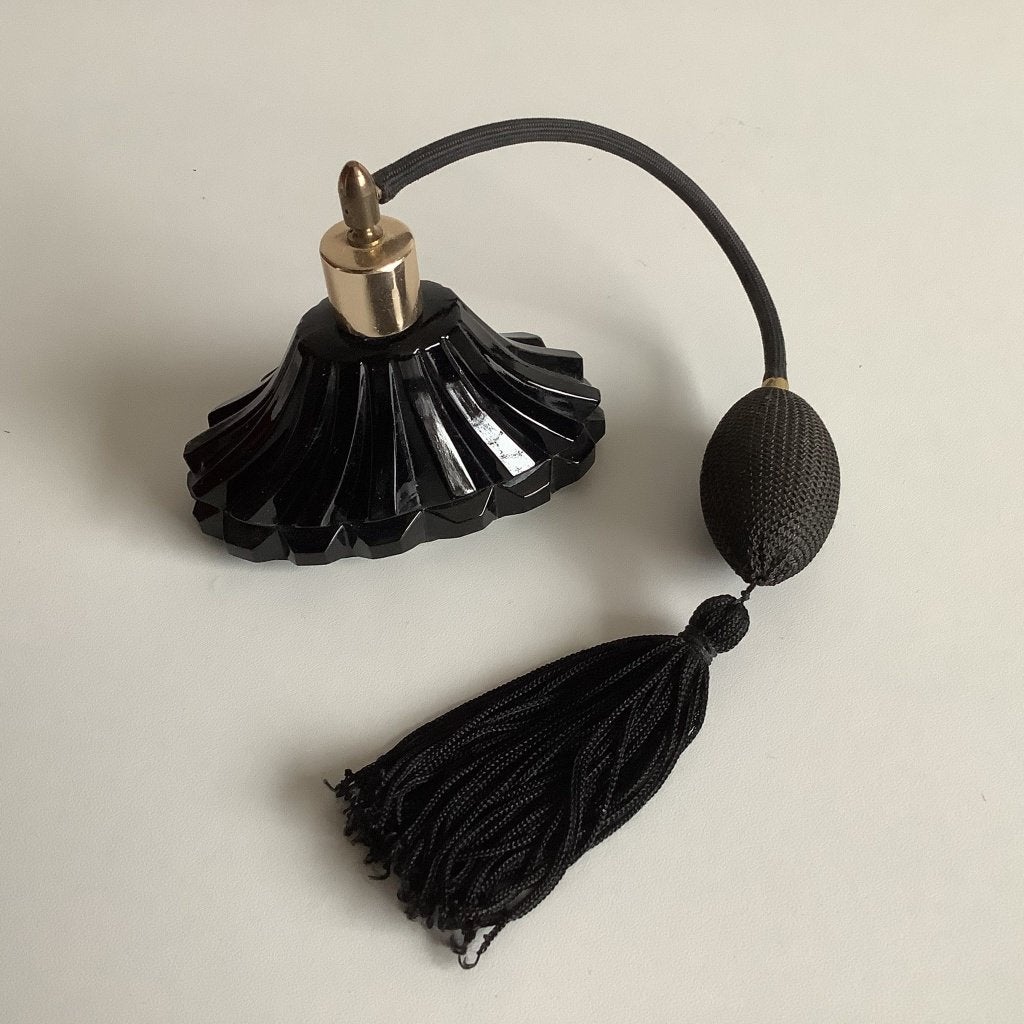 vintage boudoir parfumfles met puffer en flosje, Ophalen of Verzenden, Gebruikt, Parfumfles