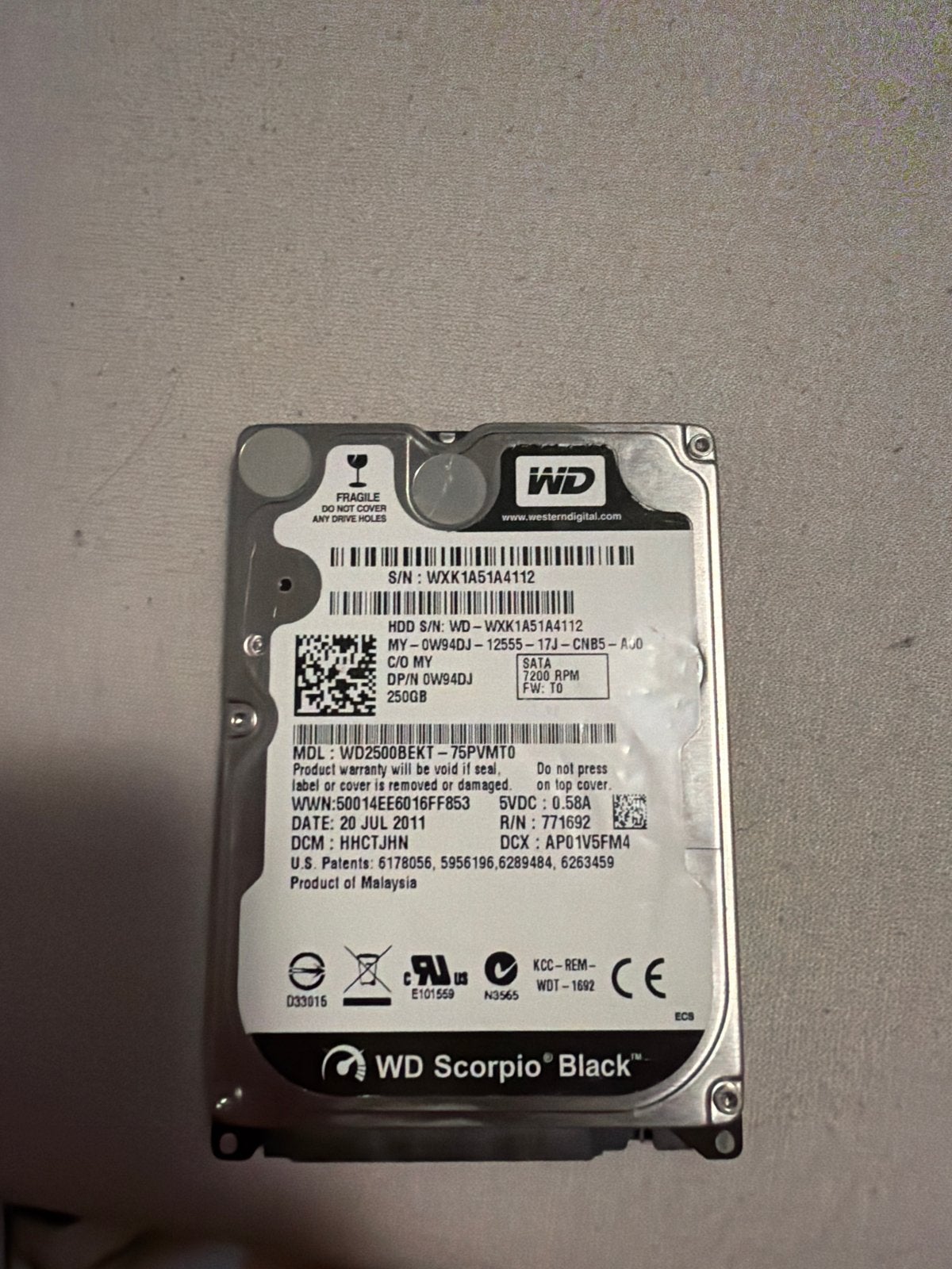 WD Scorpio Black 250GB HDD - 7200 RPM SATA, Computers en Software, Harde schijven, Intern, Gebruikt, Ophalen of Verzenden, Laptop