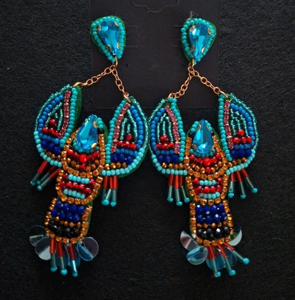 Opvallende Kreeft Oorbellen met Kralen, Overige materialen, Hangers, Blauw, Nieuw
