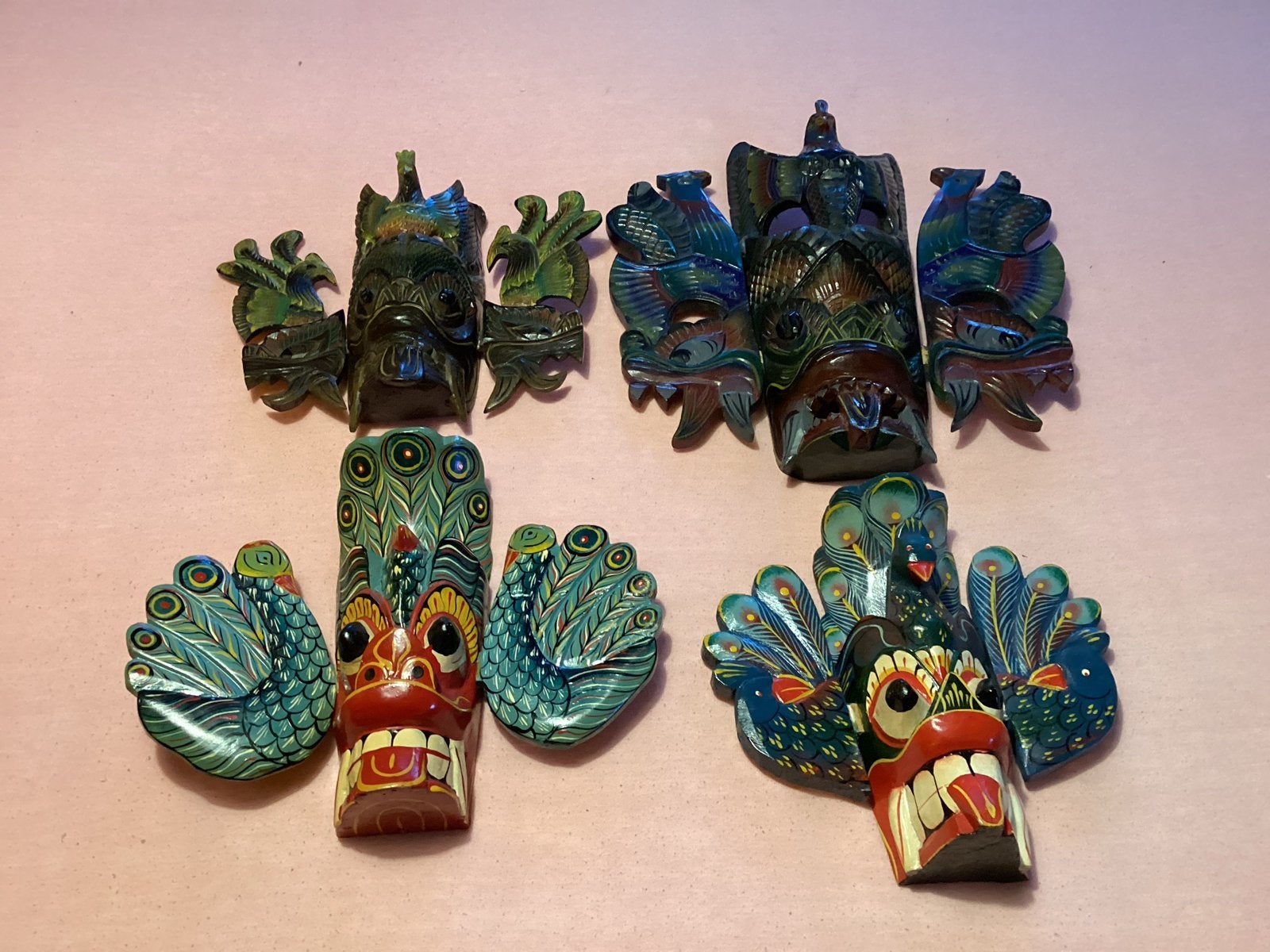 4x maskers uit Sri Lanka van hout, SAMEN voor 17 euro., Antiek en Kunst, Hout, Masker, Handgemaakt, Ophalen of Verzenden