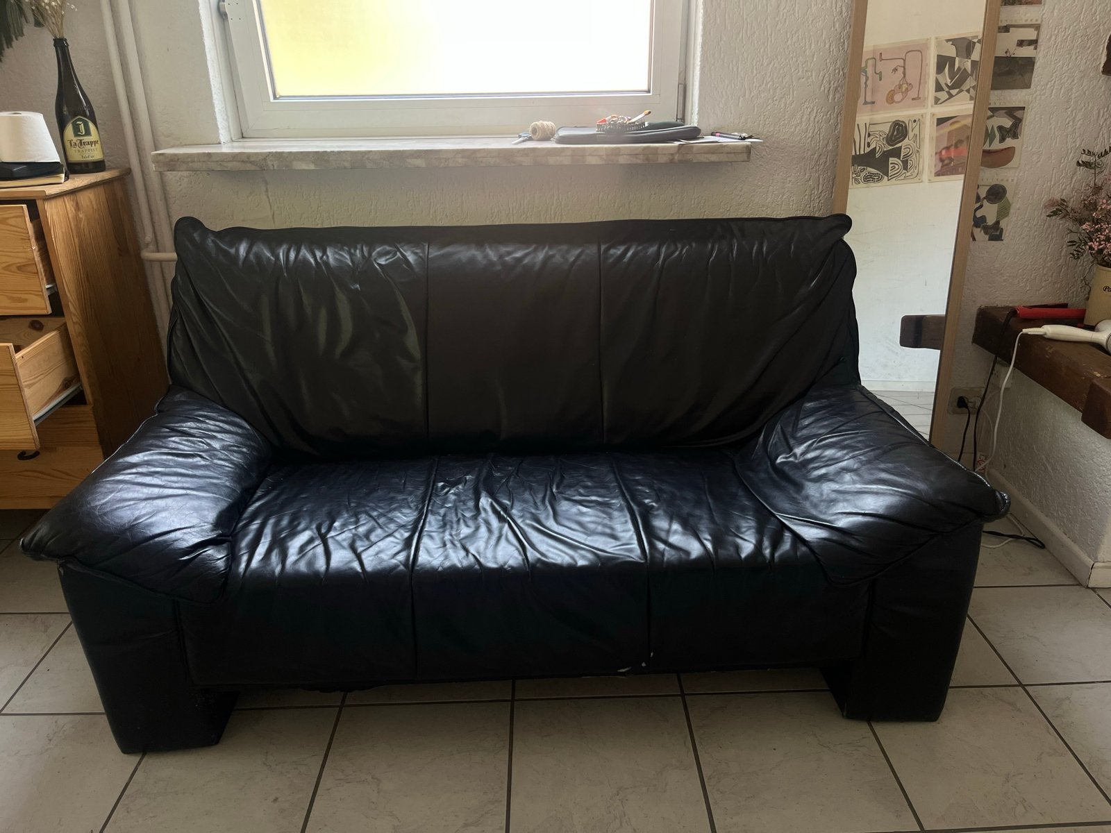 Zwarte leren tweezitsbank, Gebruikt, 150 tot 200 cm, Tweepersoons, Ophalen of Verzenden