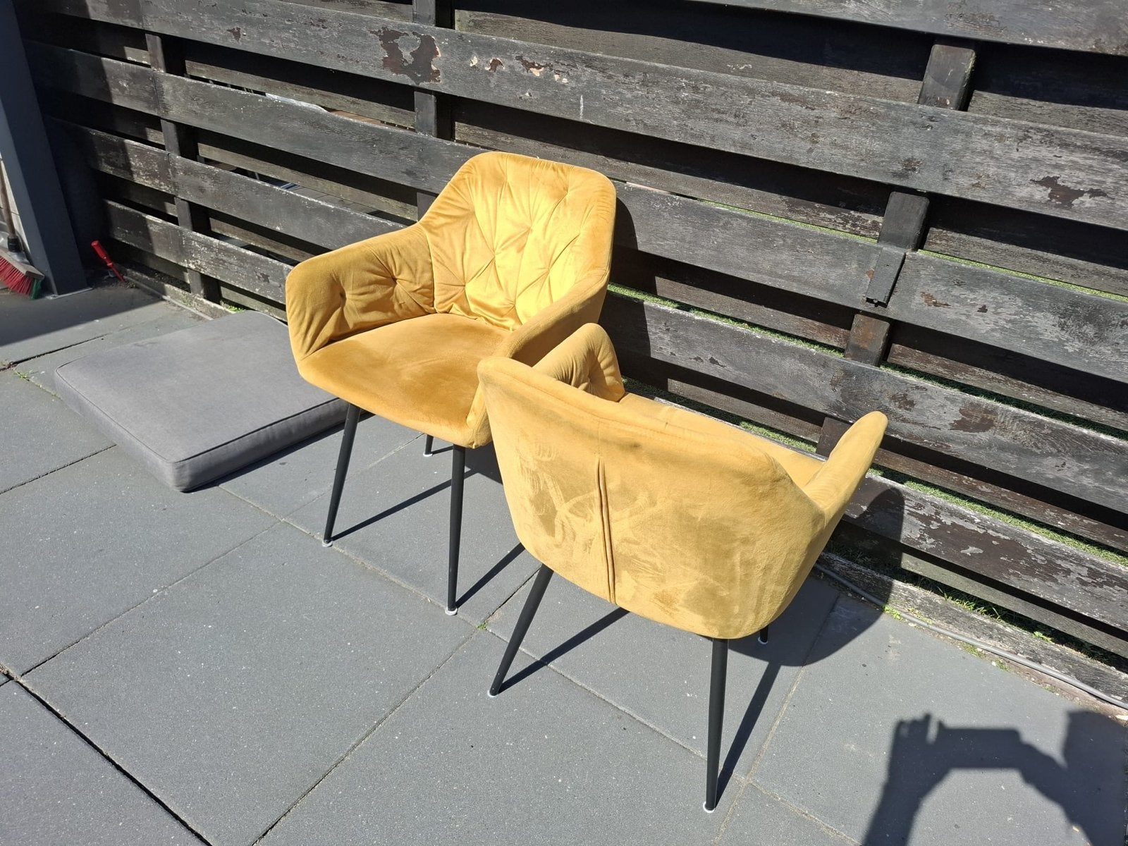 Set van 6 fluwelen eetkamerstoelen - Okergeel, Huis en Inrichting, Ophalen, Overige kleuren, Zo goed als nieuw, Stof