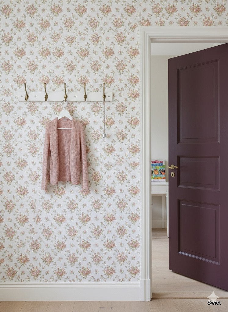14127 romantisch rozen vintage wallpaper roze groen swiet, Ophalen of Verzenden, Roze