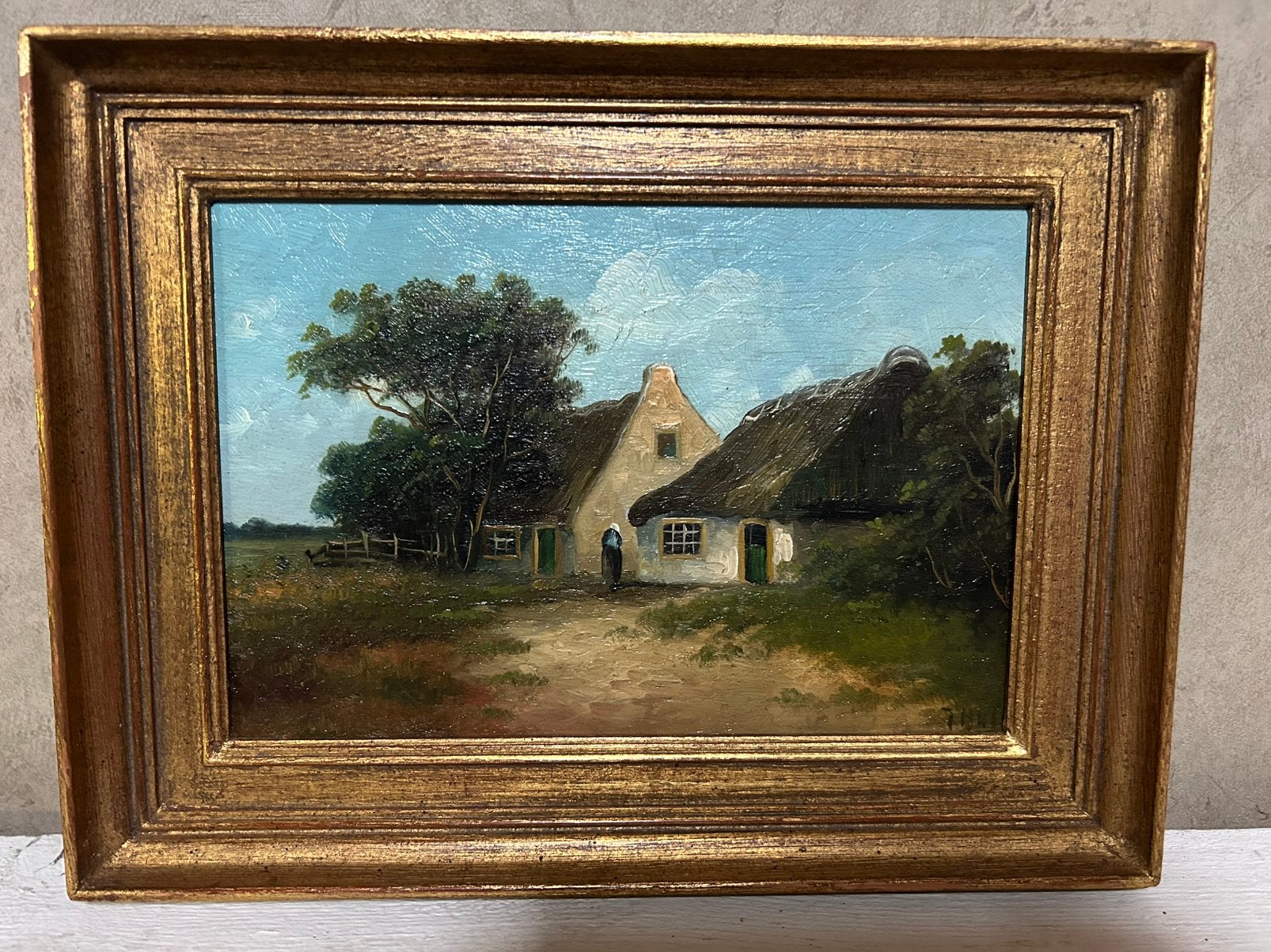 Schilderij met boerderij, Antiek en Kunst, Paneel, Ophalen of Verzenden, Handgeschilderd, Olieverf