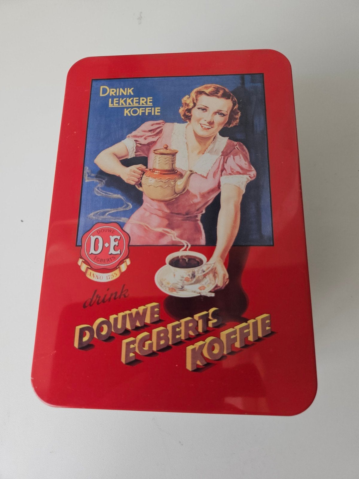Vintage Douwe Egberts Koffie Blik - Rood met Reclame, Ophalen of Verzenden, Gebruikt, Koffie, Douwe Egberts