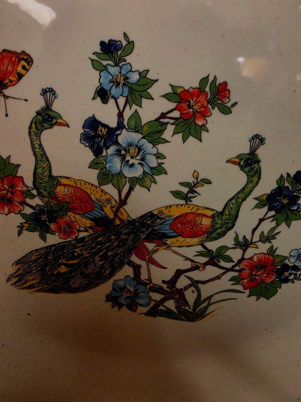 Grote antieke schaal met pauwen en bloemmotief, Ophalen of Verzenden