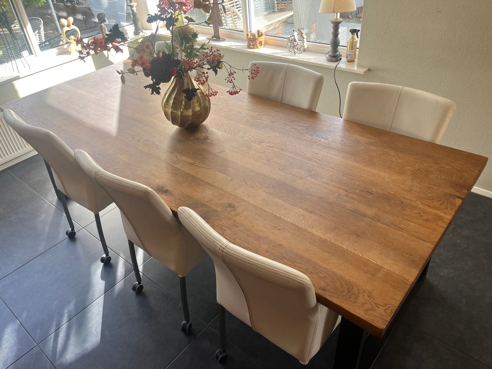 Massief eiken tafel met stoelen, Ophalen, 100 tot 150 cm, Eikenhout, 200 cm of meer
