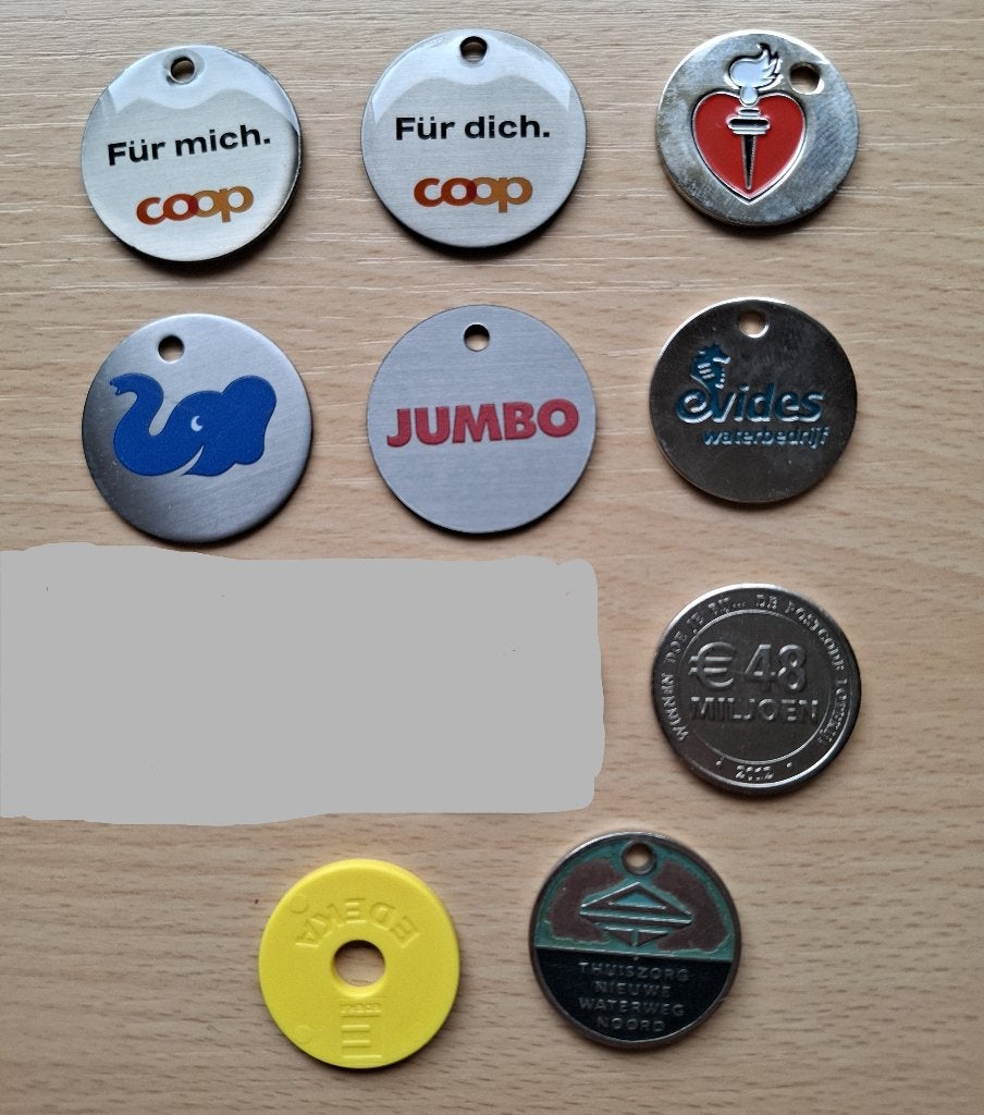 9 winkelwagenmuntjes, Verzamelen, Ophalen of Verzenden