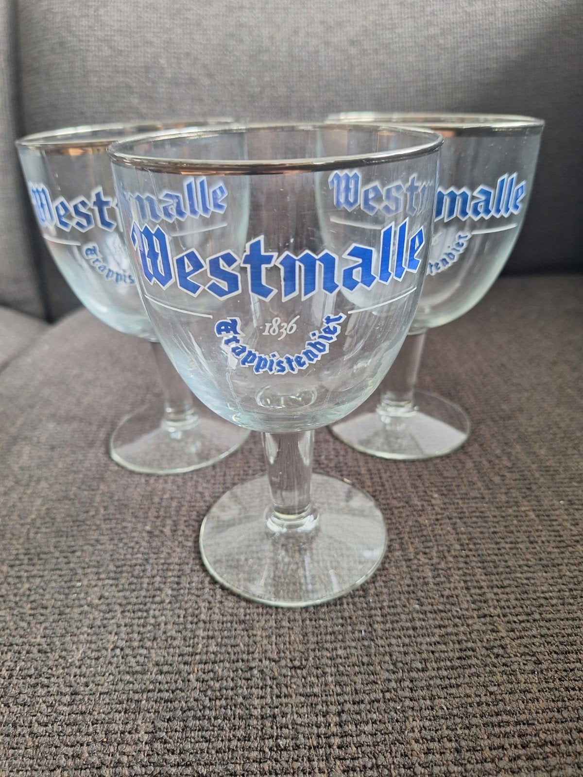 WESTMALLE TRAPPISTENBIER  glazen met blauwe logo,  3 stuks, Ophalen of Verzenden, Zo goed als nieuw, Borrel- of Shotglas