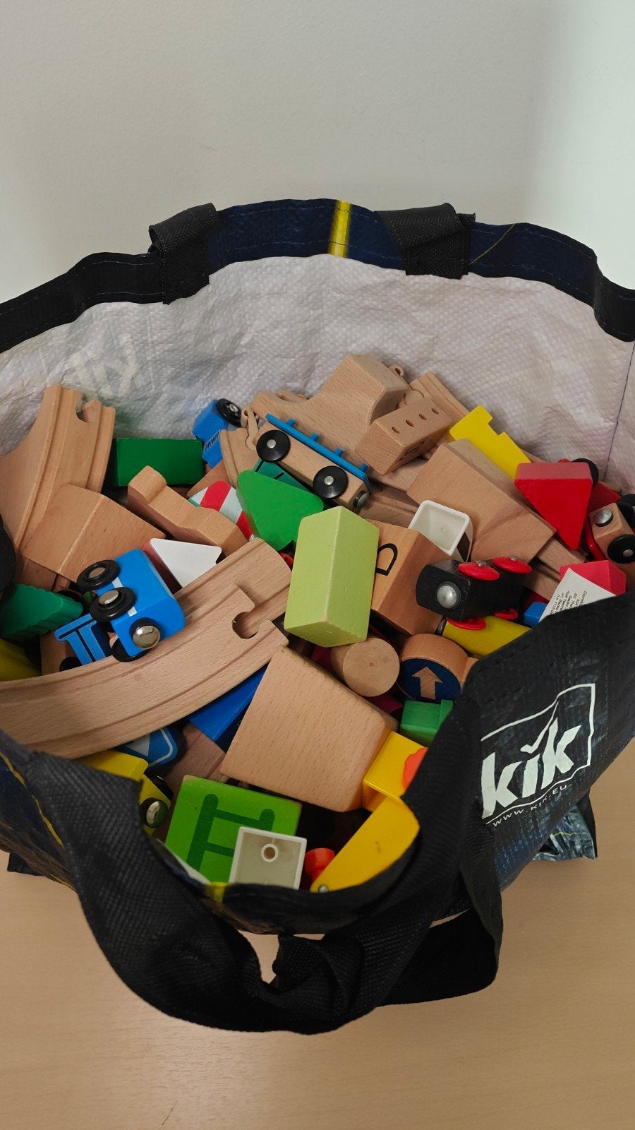 Grote zak met houten speelgoedtrein en blokken, Ophalen, Gebruikt