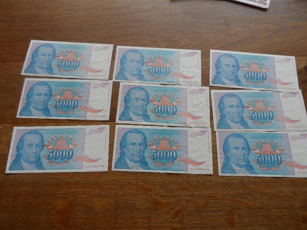 Joegoslavië 9 x 5000 dinar, Ophalen of Verzenden, Joegoslavië
