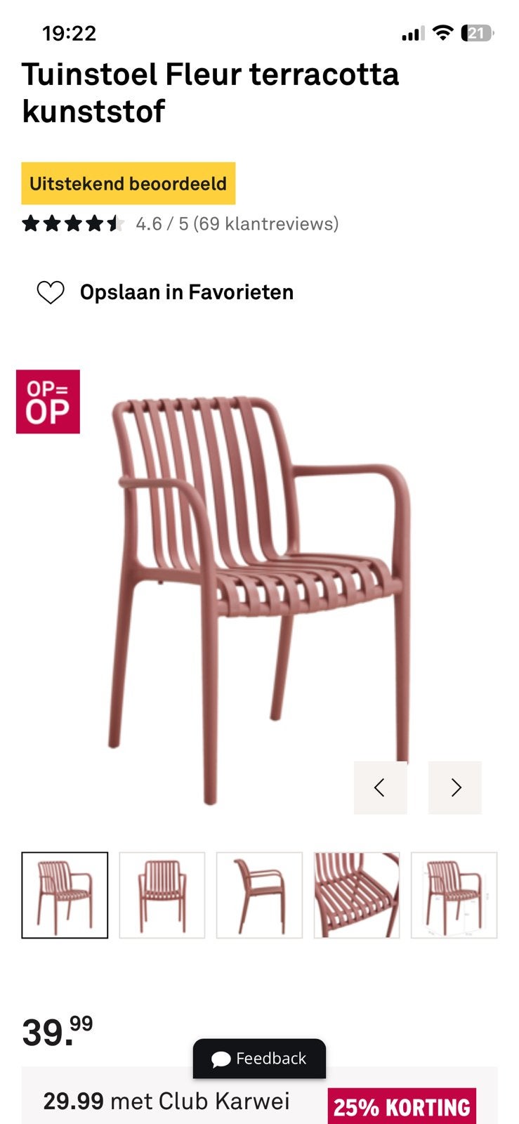Terracotta stoeltje nieuw, Ophalen, Zo goed als nieuw, Kunststof, Stapelbaar