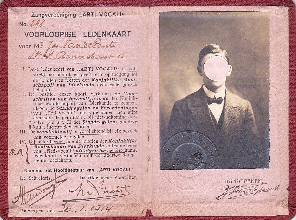 ZANGVEREENIGING ,,ARTI VOCALI" VOORLOOPIGE LEDENKAART 1914, Ophalen of Verzenden, Euro's