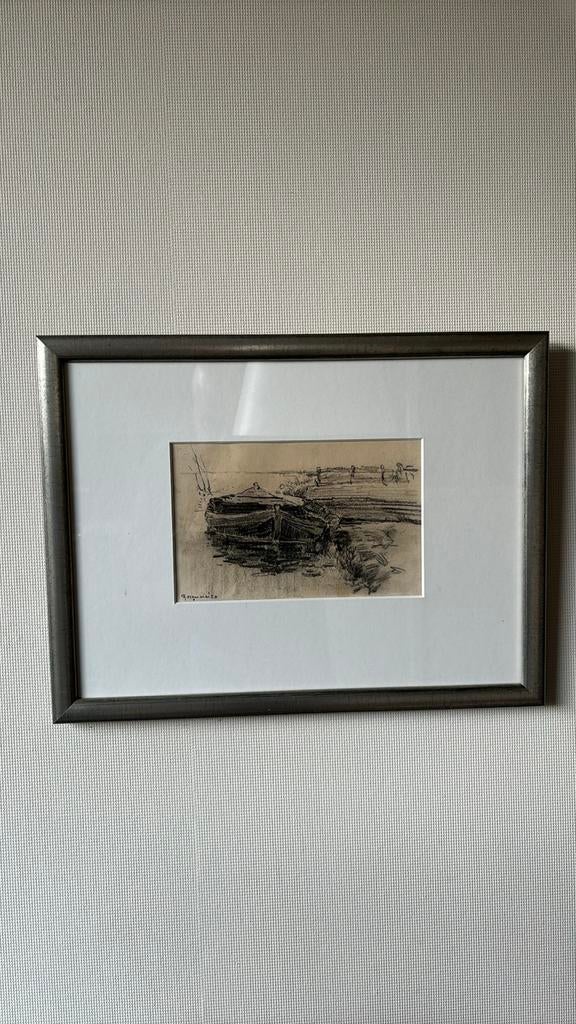 Ingelijste tekening van boten aan de waterkant, Antiek en Kunst, Ophalen of Verzenden
