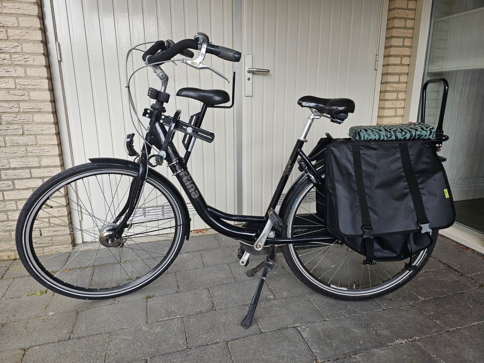 Moederfiets met zadel op stang, achterzitje en fietstas, 2 zitjes, Gebruikt, Versnellingen, Ophalen
